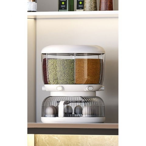 Dozator etajat de cereale  rotativ 360, 6 compartimente, capacitate 10l, cofrag special pentru oua, vas pentru scurgerea cerealelor, 35x27.5 cm, alb [2]