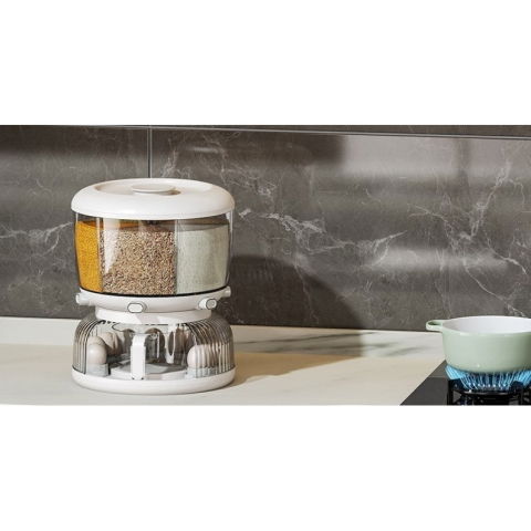 Dozator etajat de cereale  rotativ 360, 6 compartimente, capacitate 10l, cofrag special pentru oua, vas pentru scurgerea cerealelor, 35x27.5 cm, alb [1]