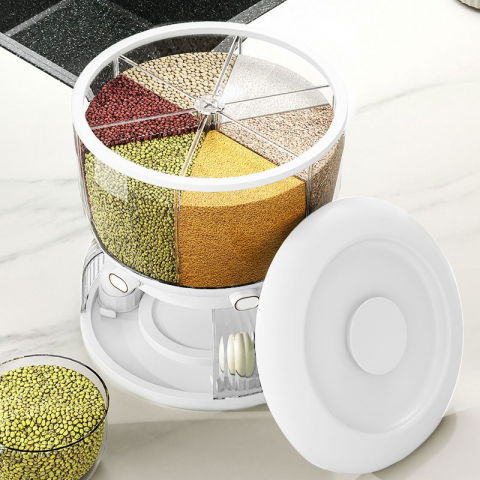 Dozator etajat de cereale  rotativ 360, 6 compartimente, capacitate 10l, cofrag special pentru oua, vas pentru scurgerea cerealelor, 35x27.5 cm, alb [6]