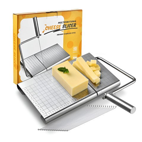 Ajutoare pentru gatit - Feliator de branza, din otel inoxidabil, 5 fire de rezerva, maner ergonomic, scara de masurare, 24x21cm, argintiu