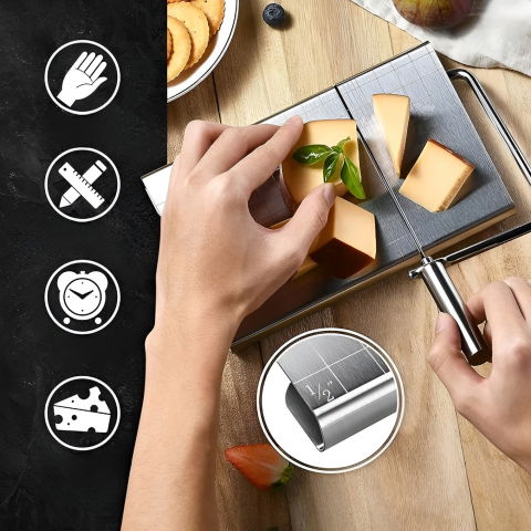 Feliator de branza, din otel inoxidabil, 5 fire de rezerva, maner ergonomic, scara de masurare, 24x21cm, argintiu [6]