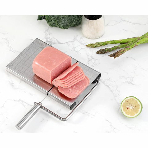 Feliator manual  pentru cascaval, salam, prajituri, unt, din otel inoxidabil, usor de curatat si utilizat, 5 lame de schimb incluse, picioare antiderapante, 21 x 12.2 x 2.8 cm, argintiu [6]