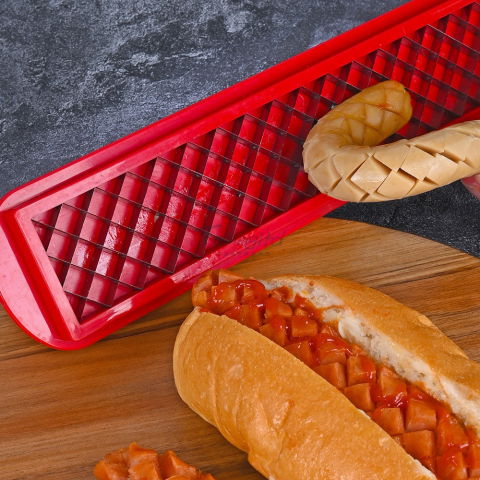 Feliator manual pentru hot-dog  crestare carnati si hot-dog, manual, potrivit pentru gratar, 29.5 x 6.5 cm, din inox si abs, rosu [6]