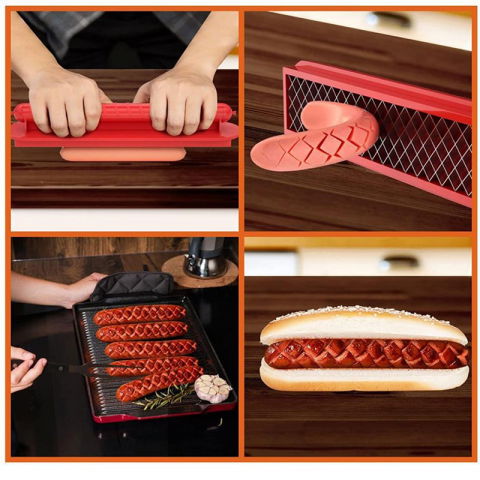 Feliator manual pentru hot-dog  crestare carnati si hot-dog, manual, potrivit pentru gratar, 29.5 x 6.5 cm, din inox si abs, rosu [2]
