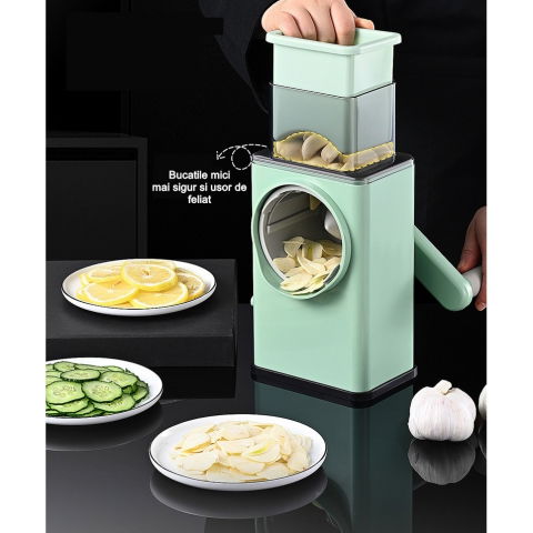 Feliator manual pentru legume  3 lame din otel inxodabil, 3 tipuri de feliere, material carcasa abs, latime maxima feliere 4 mm, baza de tip ventuza, usor si sigur de utilizat, 28.5 x 9,2 x 13.5 cm, verde [1]