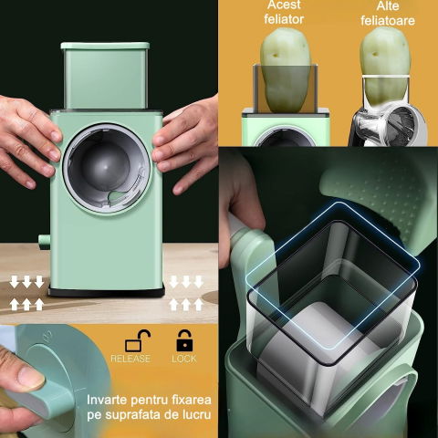 Feliator manual pentru legume  3 lame din otel inxodabil, 3 tipuri de feliere, material carcasa abs, latime maxima feliere 4 mm, baza de tip ventuza, usor si sigur de utilizat, 28.5 x 9,2 x 13.5 cm, verde [3]