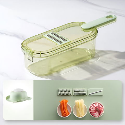 Feliator multifunctional, 3 in 1, pentru fructe si legume, 6 piese, maner, lame de inox, recipient stocare, protectie mana, abs, 35x12x9.4 cm, verde [6]