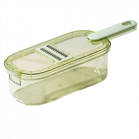 Accesorii pentru pregătirea alimentelor - Feliator multifunctional, 3 in 1, pentru fructe si legume, 6 piese, maner, lame de inox, recipient stocare, protectie mana, abs, 35x12x9.4 cm, verde