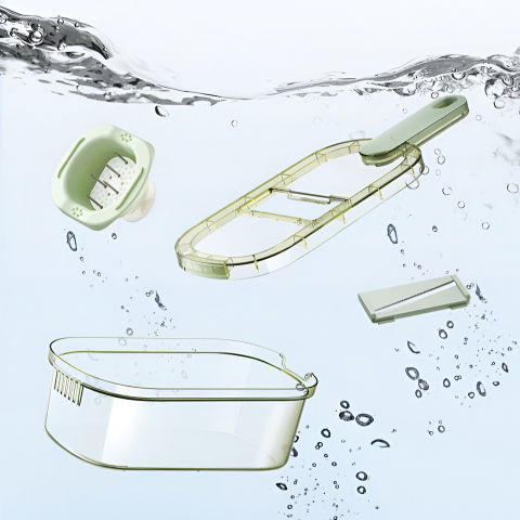 Feliator multifunctional, 6 in 1, pentru fructe si legume, 9 piese, maner, lame de inox, recipient stocare, protectie mana, abs, 35x12x9.4 cm, verde [8]