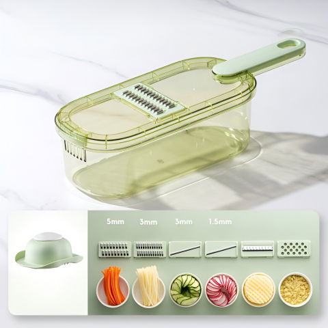 Feliator multifunctional, 6 in 1, pentru fructe si legume, 9 piese, maner, lame de inox, recipient stocare, protectie mana, abs, 35x12x9.4 cm, verde [7]