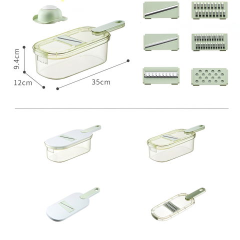 Feliator multifunctional, 6 in 1, pentru fructe si legume, 9 piese, maner, lame de inox, recipient stocare, protectie mana, abs, 35x12x9.4 cm, verde [2]