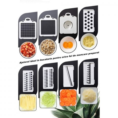 Feliator multifunctional, razatoare, 8 in 1, pentru fructe si legume, 10 piese, lame de inox, recipient stocare, separator oua, protectie mana, abs, 32.2x11.3 cm, albastru/alb [2]