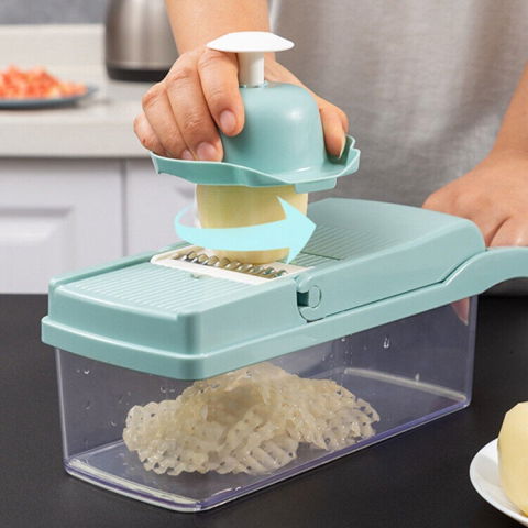 Feliator multifunctional, razatoare, 8 in 1, pentru fructe si legume, 10 piese, lame de inox, recipient stocare, separator oua, protectie mana, abs, 32.2x11.3 cm, albastru/alb [4]