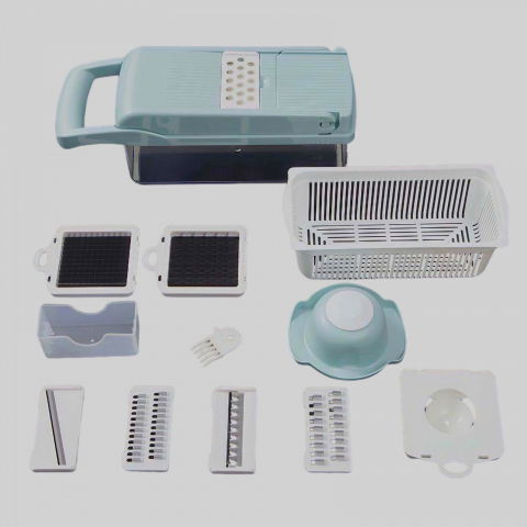 Feliator multifunctional, razatoare, 8 in 1, pentru fructe si legume, 10 piese, lame de inox, recipient stocare, separator oua, protectie mana, abs, 32.2x11.3 cm, albastru/alb [9]