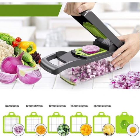 Feliator multifunctional, razatoare, 8 in 1, pentru fructe si legume, 10 piese, lame de inox, recipient stocare, separator oua, protectie mana, abs, 32.2x11.3 cm, verde/gri [1]