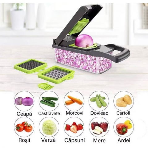 Feliator multifunctional, razatoare, 8 in 1, pentru fructe si legume, 10 piese, lame de inox, recipient stocare, separator oua, protectie mana, abs, 32.2x11.3 cm, verde/gri [2]
