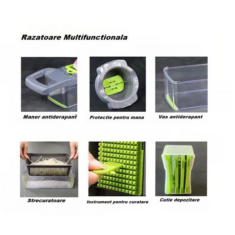 Feliator multifunctional, razatoare, 8 in 1, pentru fructe si legume, 10 piese, lame de inox, recipient stocare, separator oua, protectie mana, abs, 32.2x11.3 cm, verde/gri [6]