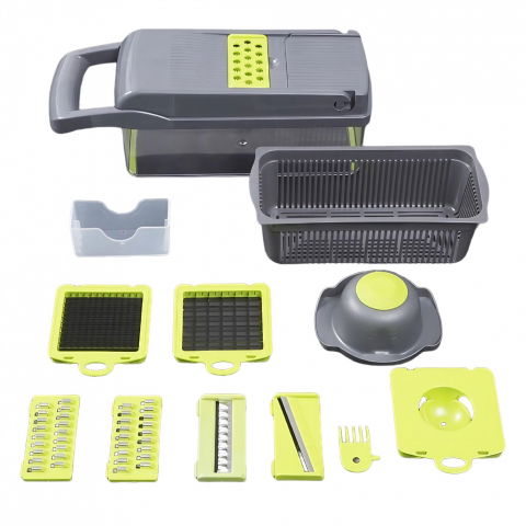 Organizatoare si accesorii pentru bucatarie - Feliator multifunctional, razatoare, 8 in 1, pentru fructe si legume, 10 piese, lame de inox, recipient stocare, separator oua, protectie mana, abs, 32.2x11.3 cm, verde/gri