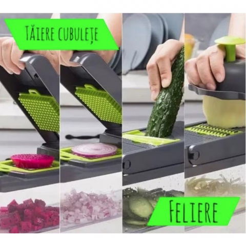 Feliator multifunctional, razatoare, 8 in 1, pentru fructe si legume, 10 piese, lame de inox, recipient stocare, separator oua, protectie mana, abs, 32.2x11.3 cm, verde/gri [3]