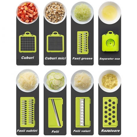 Feliator multifunctional, razatoare, 8 in 1, pentru fructe si legume, 10 piese, lame de inox, recipient stocare, separator oua, protectie mana, abs, 67.5x38.5x49.5 cm, verde/alb [1]