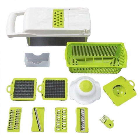 Ajutoare pentru gatit - Feliator multifunctional, razatoare, 8 in 1, pentru fructe si legume, 10 piese, lame de inox, recipient stocare, separator oua, protectie mana, abs, 67.5x38.5x49.5 cm, verde/alb