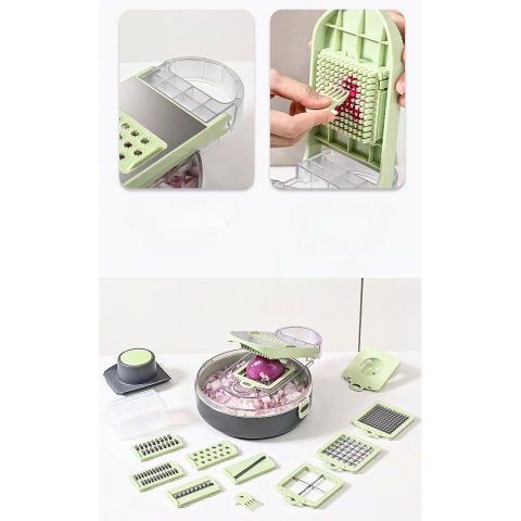 Feliator multifunctional, razatoare, 8 in 1, pentru fructe si legume, 12 piese, lame de inox, recipient stocare, separator oua, protectie mana, abs, gri/verde, 29.5x9x21.8 cm [1]
