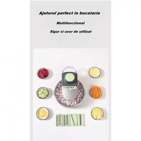 Feliator multifunctional, razatoare, 8 in 1, pentru fructe si legume, 12 piese, lame de inox, recipient stocare, separator oua, protectie mana, abs, gri/verde, 29.5x9x21.8 cm [2]