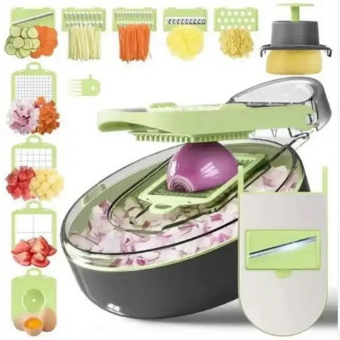 Feliator multifunctional, razatoare, 8 in 1, pentru fructe si legume, 12 piese, lame de inox, recipient stocare, separator oua, protectie mana, abs, gri/verde, 29.5x9x21.8 cm [4]