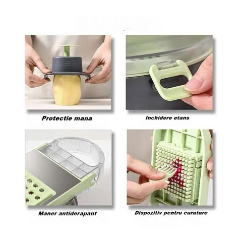 Feliator multifunctional, razatoare, 8 in 1, pentru fructe si legume, 12 piese, lame de inox, recipient stocare, separator oua, protectie mana, abs, gri/verde, 29.5x9x21.8 cm [3]