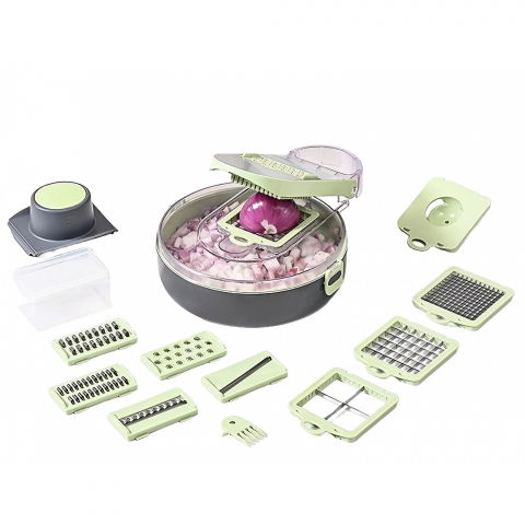 Ajutoare pentru gatit - Feliator multifunctional, razatoare, 8 in 1, pentru fructe si legume, 12 piese, lame de inox, recipient stocare, separator oua, protectie mana, abs, gri/verde, 29.5x9x21.8 cm