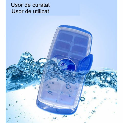 Forma pentru cuburi de gheata  14 cuburi, reutilizabil, plastic alimentar, cu capac, orificiu umplere, dreptunghiulara, 29.5 x 12.5 x4 cm, albastru [5]