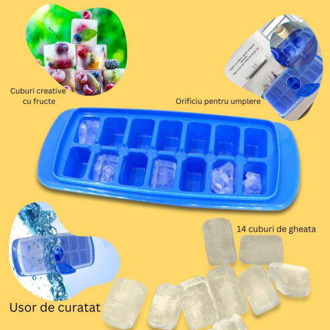 Forma pentru cuburi de gheata  14 cuburi, reutilizabil, plastic alimentar, cu capac, orificiu umplere, dreptunghiulara, 29.5 x 12.5 x4 cm, albastru [3]