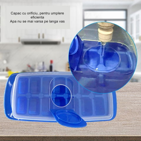 Forma pentru cuburi de gheata  14 cuburi, reutilizabil, plastic alimentar, cu capac, orificiu umplere, dreptunghiulara, 29.5 x 12.5 x4 cm, albastru [6]