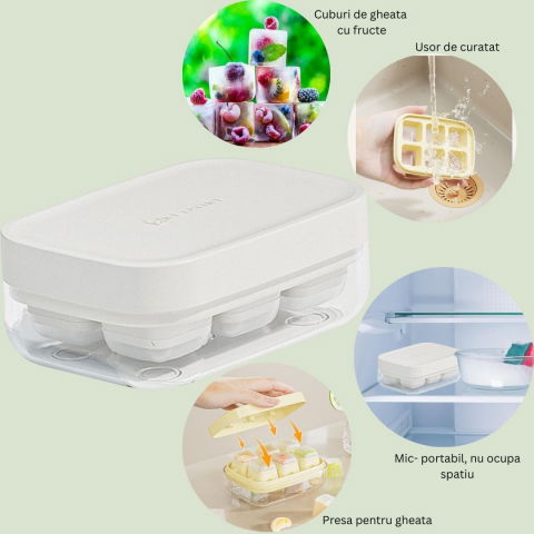 Forma pentru gheata cu presa  din silicon alimentar, 6 cuburi, caserola pentru depozitare, usor de folosit si curatat, 10.5 x 7.5 x 4.1 cm, alb [2]