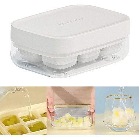 Forma pentru gheata cu presa  din silicon alimentar, 6 cuburi, caserola pentru depozitare, usor de folosit si curatat, 10.5 x 7.5 x 4.1 cm, alb [7]