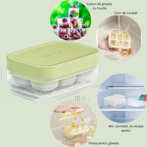Forma pentru gheata cu presa  din silicon alimentar, 6 cuburi, caserola pentru depozitare, usor de folosit si curatat, 10.5 x 7.5 x 4.1 cm, verde [2]