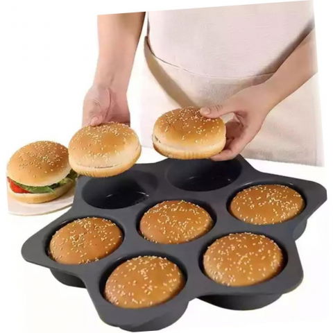 Forme de silicon pentru copt, 7 forme rotiunde, pentru burgeri si prajituri, 38.5 x 4 cm, negru [2]