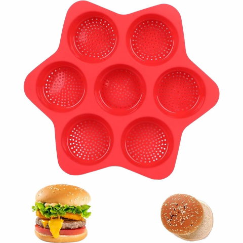 Forme de silicon pentru copt, 7 forme rotiunde, pentru burgeri si prajituri, 38.5 x 4 cm, rosu [3]
