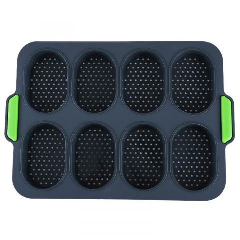 Forme pentru gheață, înghețată și prăjituri - Forme de silicon pentru copt, 8 forme ovale, pentru paine si prajituri, 34.5 x 23.8 x 2.5 cm, negru/verde