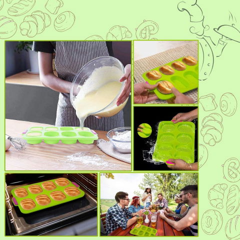 Forme de silicon pentru copt, 8 forme ovale, pentru paine si prajituri, 34.5 x 23.8 x 2.5 cm, verde/roz [4]