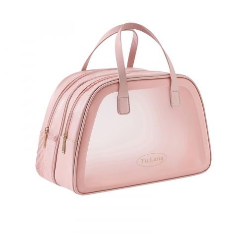 Genti, organizatoare şi accesorii voiaj - Geanta cosmetice de voiaj, dubla compartimentare, impermeabila, translucida mata, 35 x 22 x 15 cm, roz