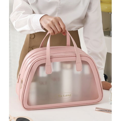 Geanta cosmetice de voiaj, dubla compartimentare, impermeabila, translucida mata, 35 x 22 x 15 cm, roz [1]