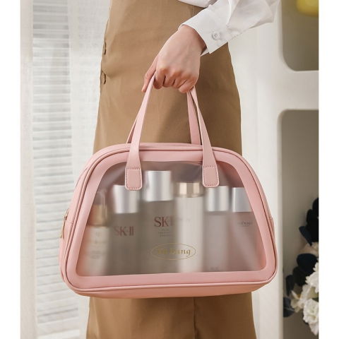 Geanta cosmetice de voiaj, dubla compartimentare, impermeabila, translucida mata, 35 x 22 x 15 cm, roz [4]
