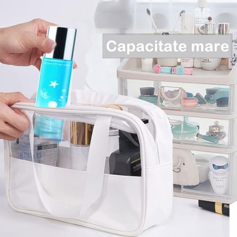 Geanta cosmetice  pentru voiaj sau organizare, material pvc/textil, impermeabila, portabila, 26 x 15 x 10 cm, alb [6]