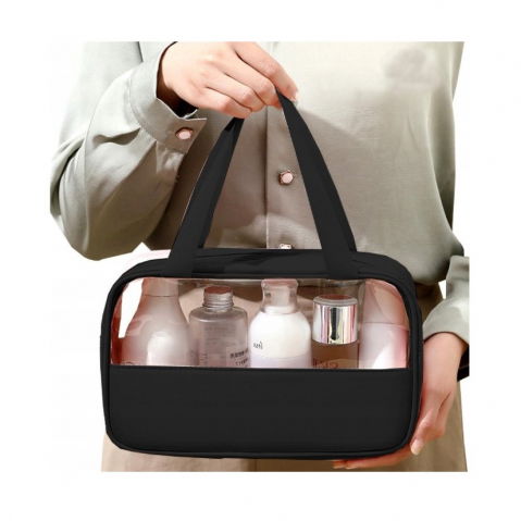 Geanta cosmetice  pentru voiaj sau organizare, material pvc/textil, impermeabila, portabila, 26 x 15 x 10 cm, negru [2]
