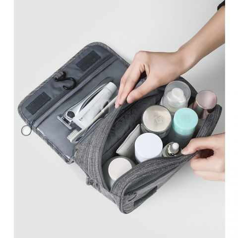 Geanta cosmetice voiaj, material panza, impermeabil, 3 compartimente, cu agatatoare, gri, 47 x 28 x 20   cm [1]