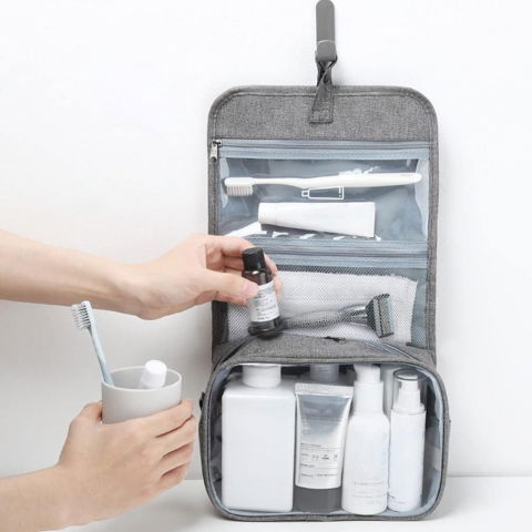 Genti, organizatoare şi accesorii voiaj - Geanta cosmetice voiaj, material panza, impermeabil, 3 compartimente, cu agatatoare, gri, 47 x 28 x 20   cm