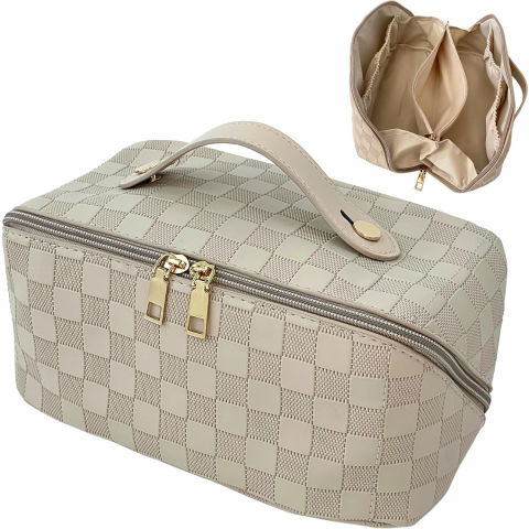 Geanta de calatorie  pentru cosmetice, portabila, impermeabila, din piele ecologica, compartimente multiple, cu fermoar, 22 x 13 x 12.5 cm, in carouri, crem [5]