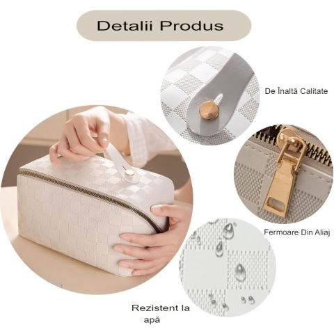 Geanta de calatorie  pentru cosmetice, portabila, impermeabila, din piele ecologica, compartimente multiple, cu fermoar, 22 x 13 x 12.5 cm, in carouri, crem [2]