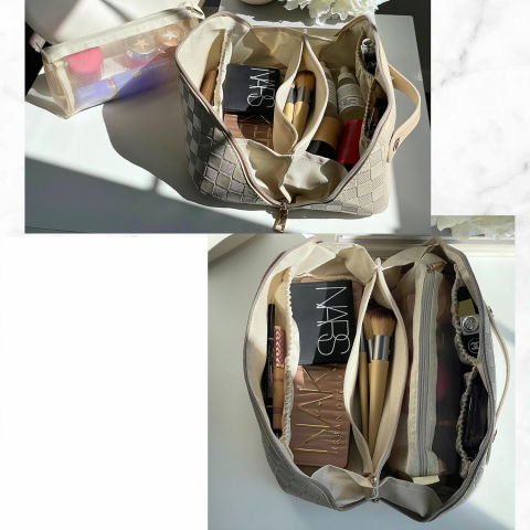 Geanta de calatorie  pentru cosmetice, portabila, impermeabila, din piele ecologica, compartimente multiple, cu fermoar, 22 x 13 x 12.5 cm, in carouri, crem [4]